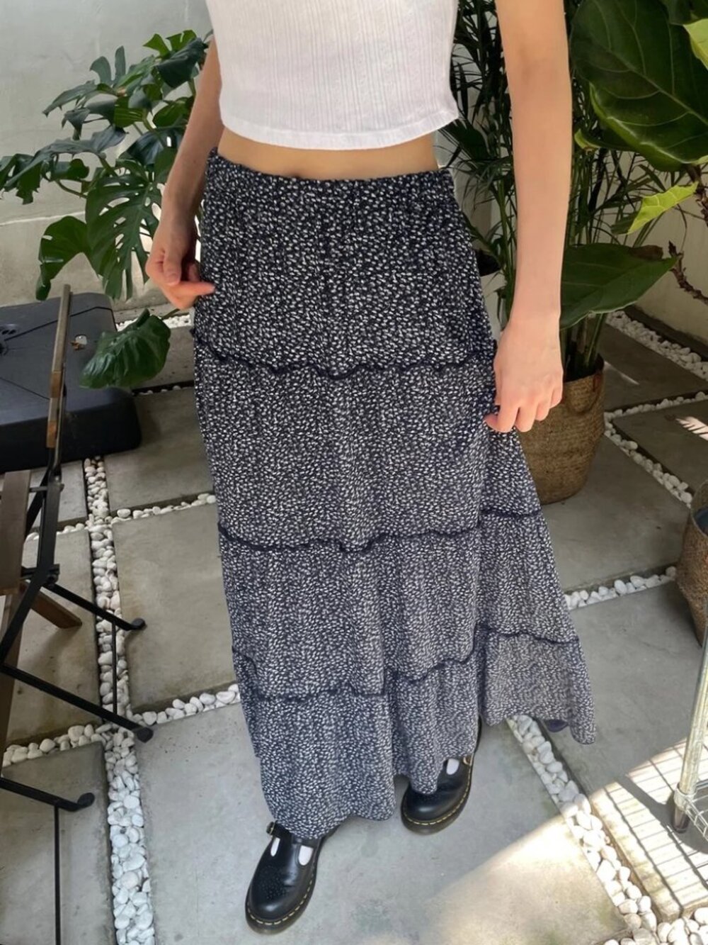 Brandy Melville Izzy Navy Blue Floral Tiered Maxi Long Skirt Elastic Waist